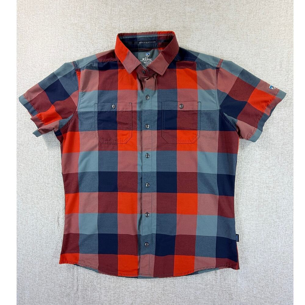 Kuhl Men's Medium Red Gray Buffalo Check Short Sleeve Button Front Hiking Shirt